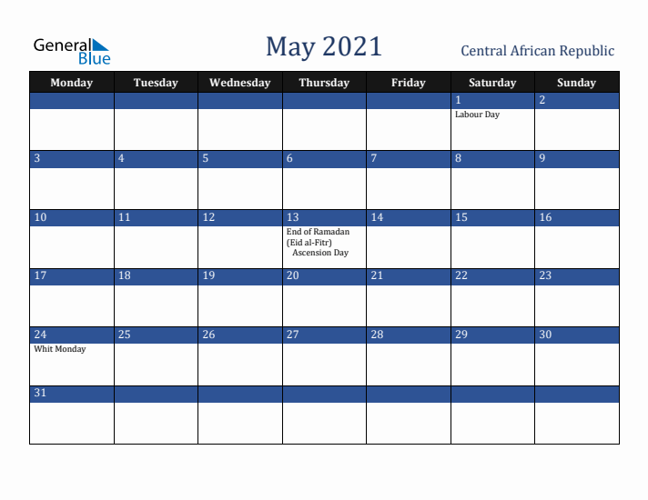 May 2021 Central African Republic Calendar (Monday Start)