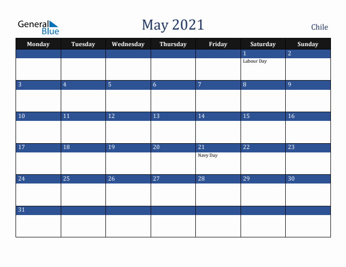 May 2021 Chile Calendar (Monday Start)