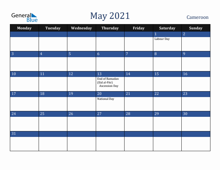 May 2021 Cameroon Calendar (Monday Start)