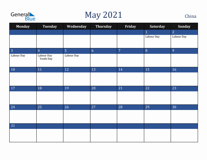 May 2021 China Calendar (Monday Start)