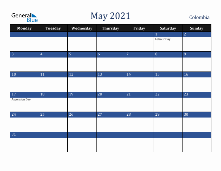 May 2021 Colombia Calendar (Monday Start)