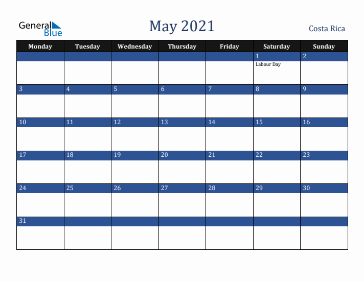 May 2021 Costa Rica Calendar (Monday Start)