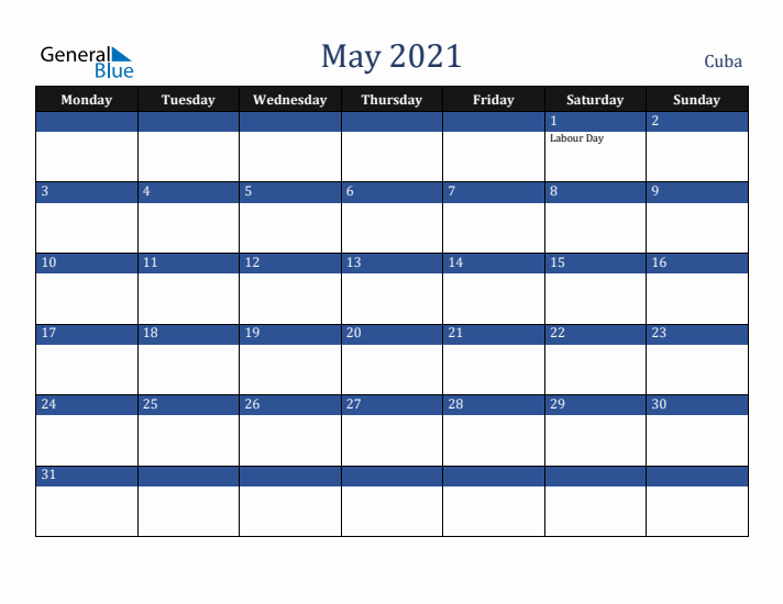 May 2021 Cuba Calendar (Monday Start)