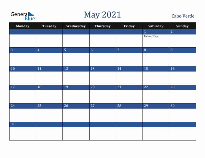 May 2021 Cabo Verde Calendar (Monday Start)