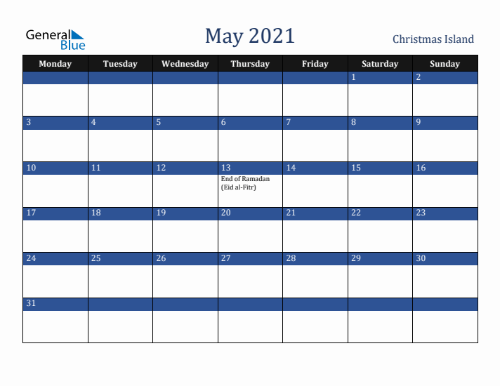 May 2021 Christmas Island Calendar (Monday Start)