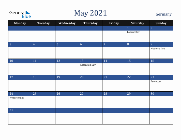 May 2021 Germany Calendar (Monday Start)