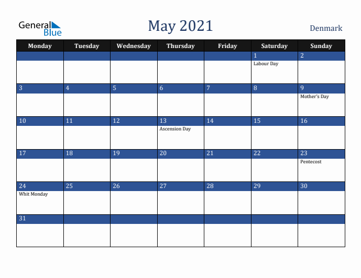 May 2021 Denmark Calendar (Monday Start)