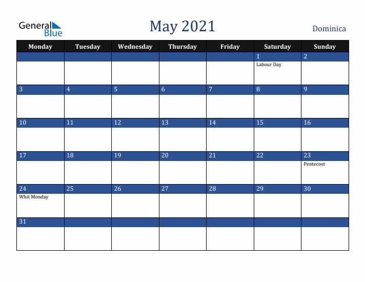 May 2021 Dominica Calendar (Monday Start)