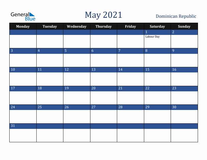 May 2021 Dominican Republic Calendar (Monday Start)