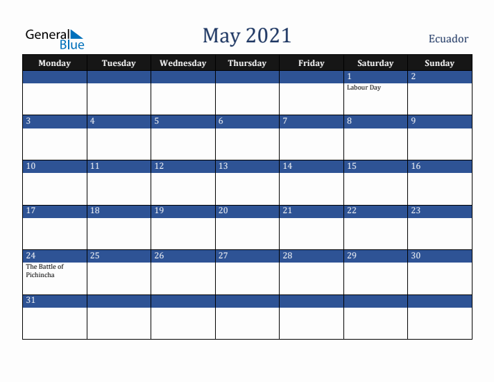 May 2021 Ecuador Calendar (Monday Start)