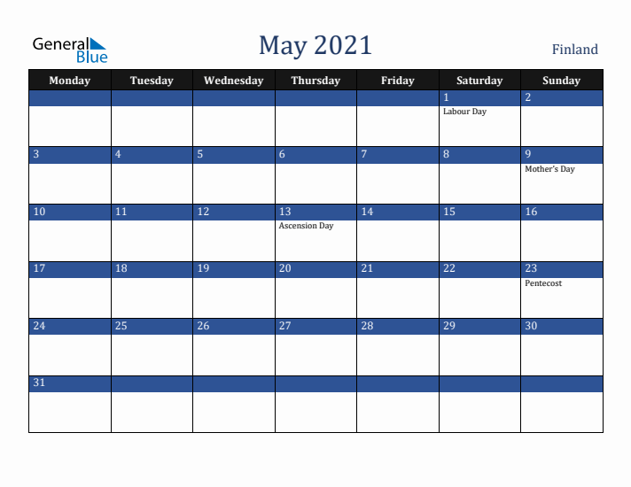 May 2021 Finland Calendar (Monday Start)