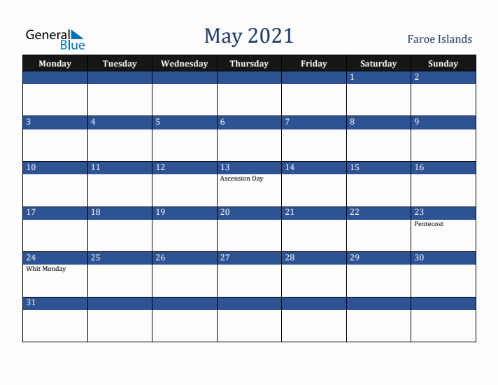 May 2021 Faroe Islands Calendar (Monday Start)