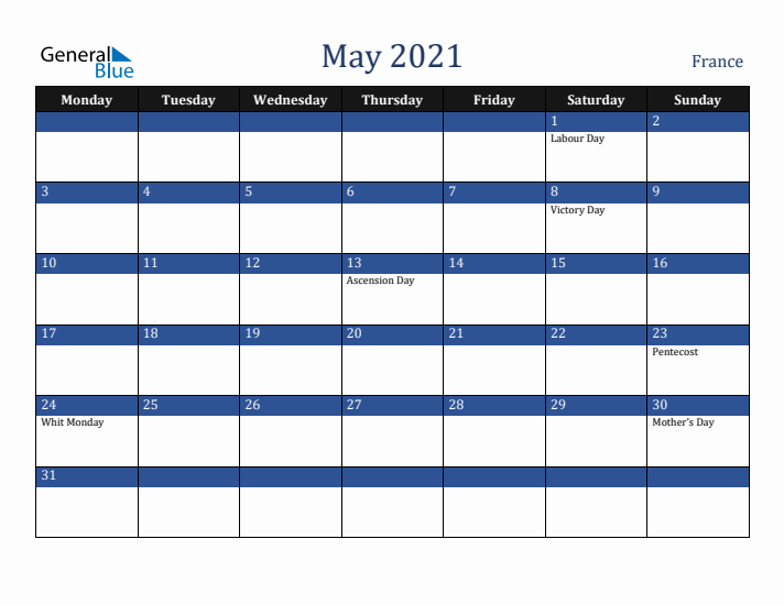 May 2021 France Calendar (Monday Start)