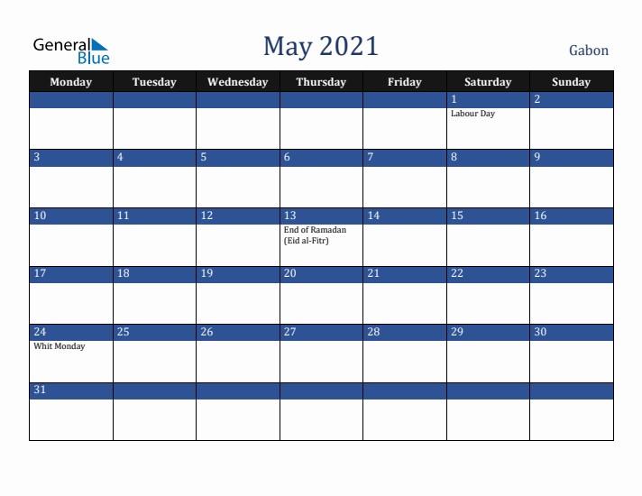 May 2021 Gabon Calendar (Monday Start)