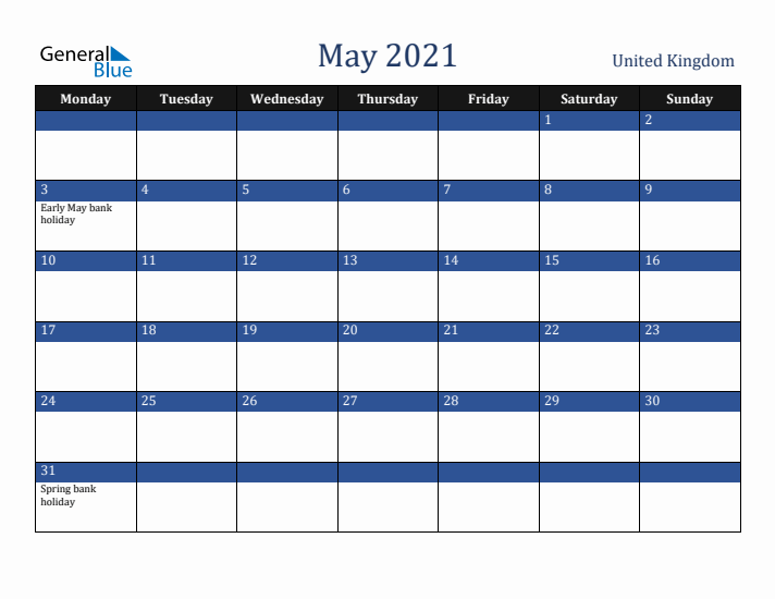May 2021 United Kingdom Calendar (Monday Start)