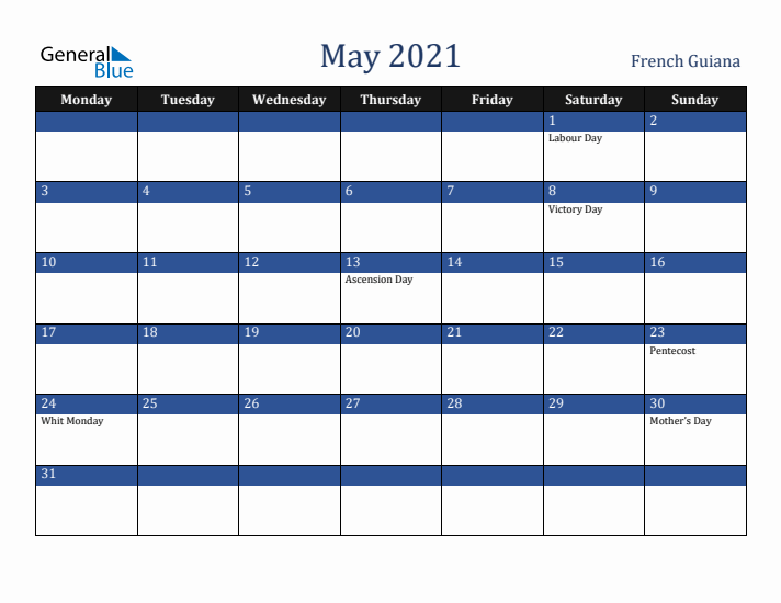 May 2021 French Guiana Calendar (Monday Start)
