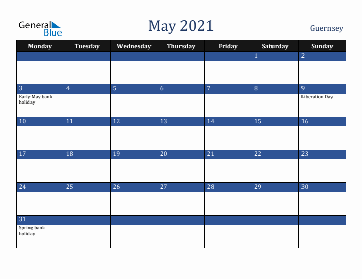 May 2021 Guernsey Calendar (Monday Start)
