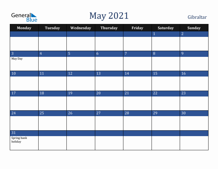 May 2021 Gibraltar Calendar (Monday Start)