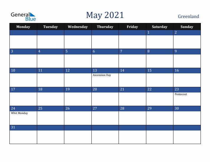 May 2021 Greenland Calendar (Monday Start)