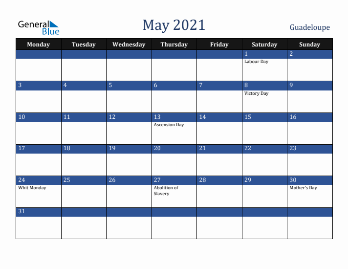 May 2021 Guadeloupe Calendar (Monday Start)