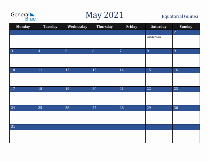May 2021 Equatorial Guinea Calendar (Monday Start)