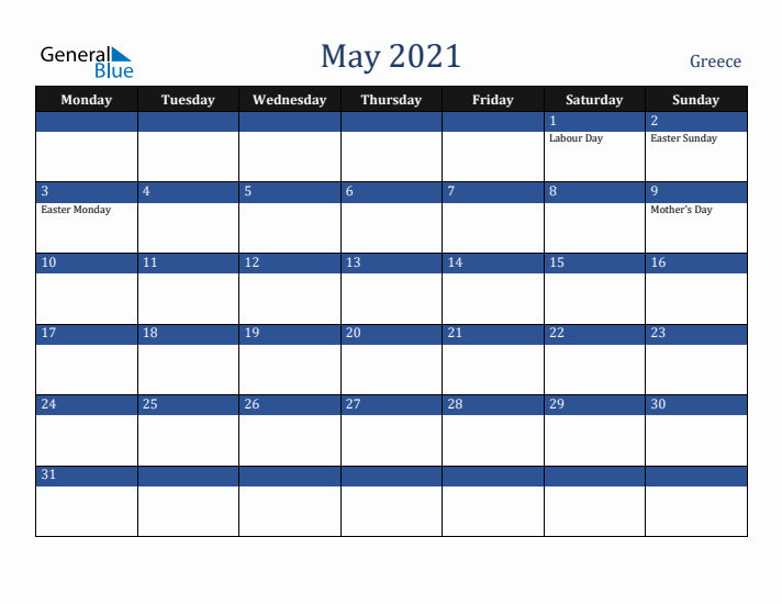 May 2021 Greece Calendar (Monday Start)