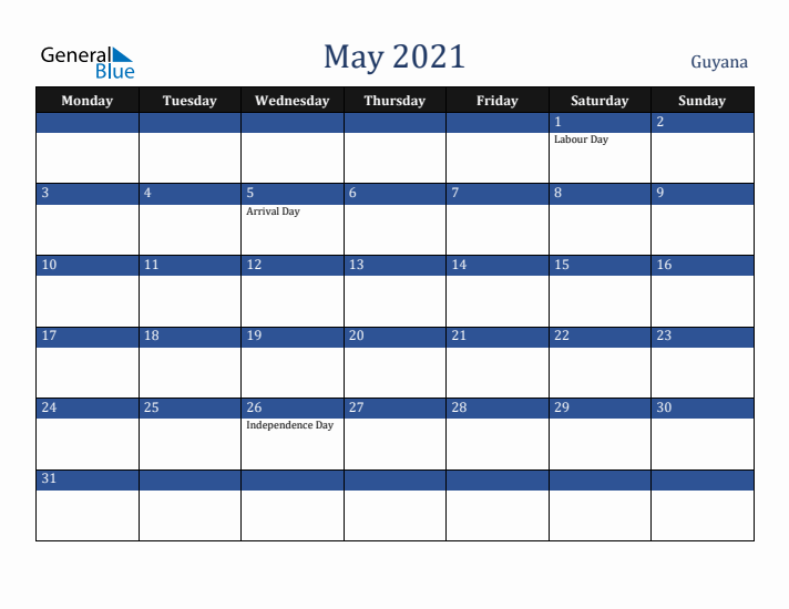May 2021 Guyana Calendar (Monday Start)