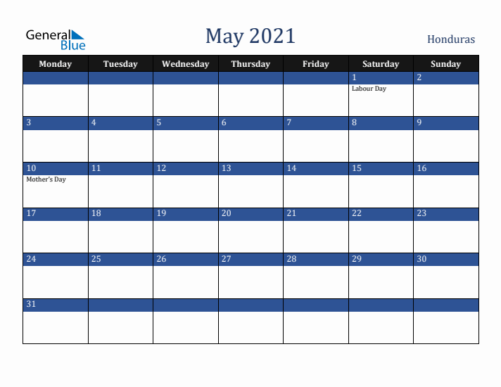 May 2021 Honduras Calendar (Monday Start)