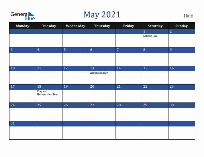 May 2021 Haiti Calendar (Monday Start)