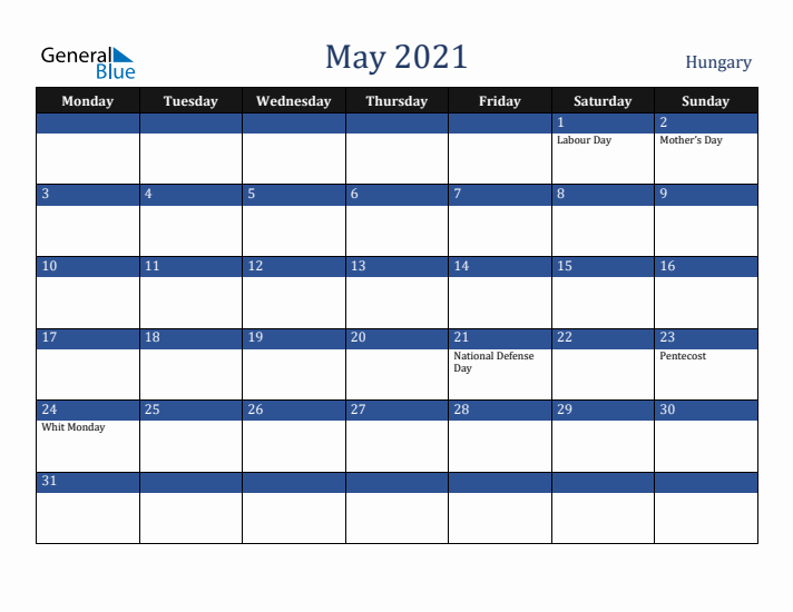 May 2021 Hungary Calendar (Monday Start)