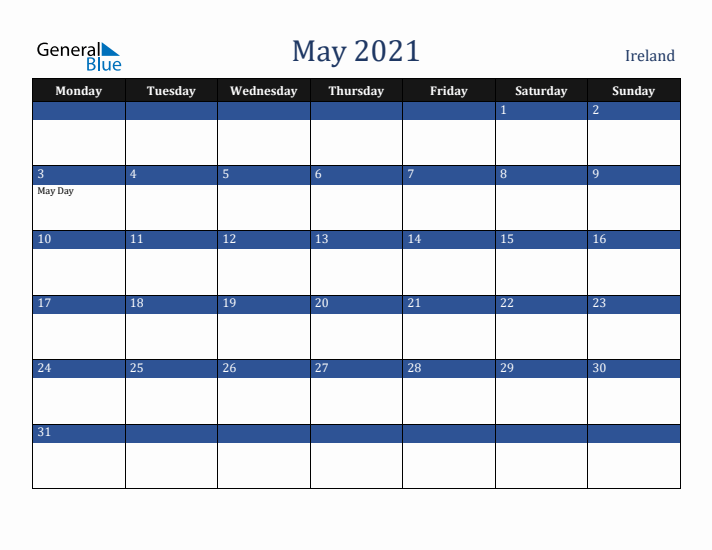 May 2021 Ireland Calendar (Monday Start)