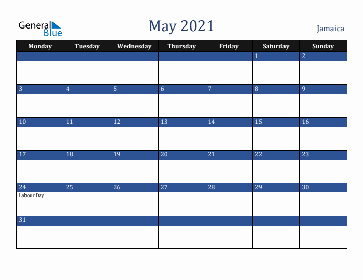 May 2021 Jamaica Calendar (Monday Start)