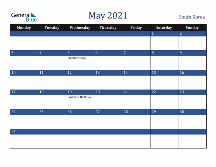 May 2021 South Korea Calendar (Monday Start)