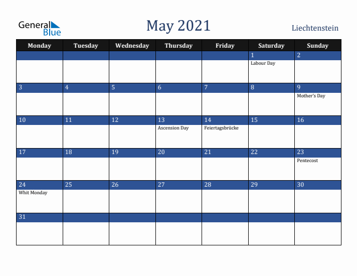 May 2021 Liechtenstein Calendar (Monday Start)