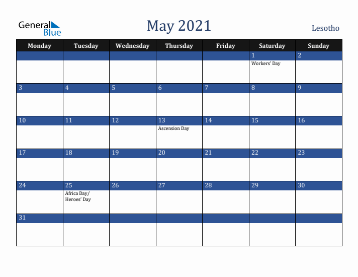 May 2021 Lesotho Calendar (Monday Start)