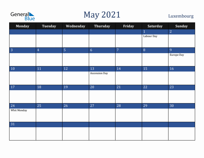 May 2021 Luxembourg Calendar (Monday Start)