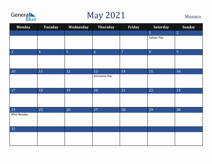 May 2021 Monaco Calendar (Monday Start)