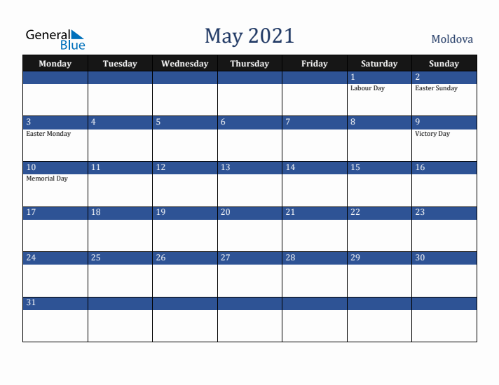 May 2021 Moldova Calendar (Monday Start)