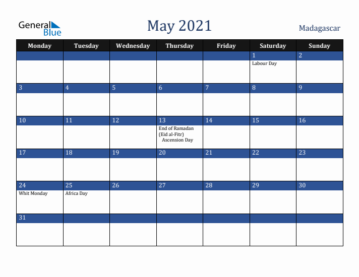May 2021 Madagascar Calendar (Monday Start)