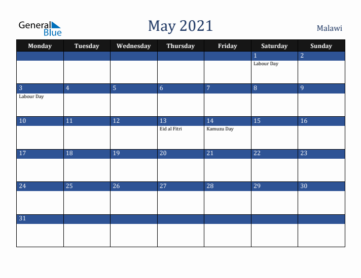 May 2021 Malawi Calendar (Monday Start)