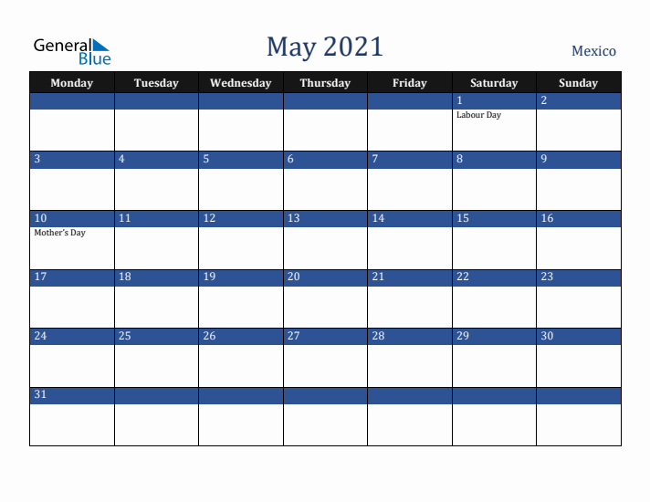 May 2021 Mexico Calendar (Monday Start)