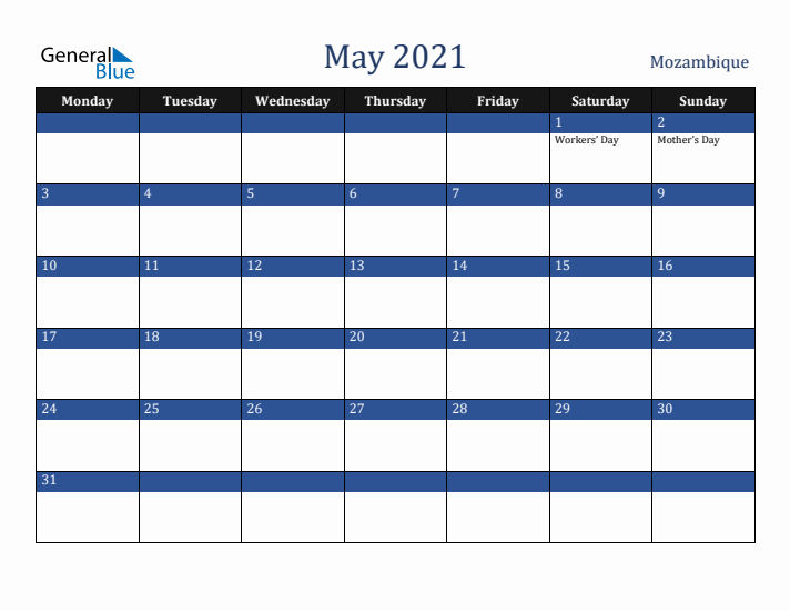 May 2021 Mozambique Calendar (Monday Start)