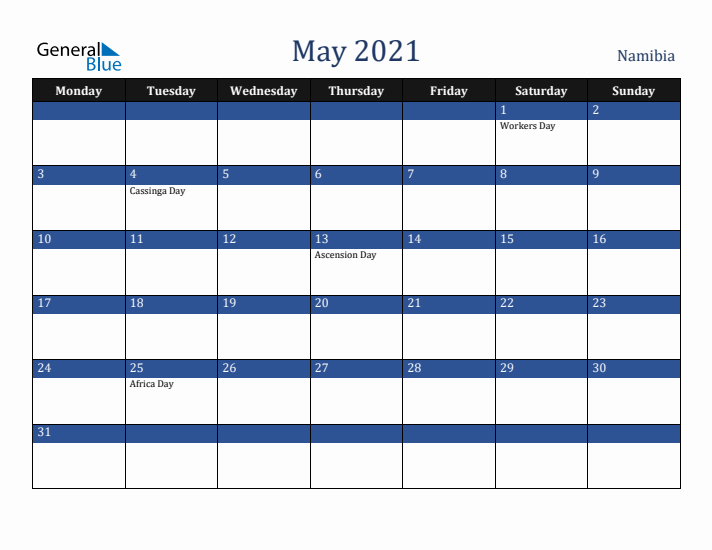 May 2021 Namibia Calendar (Monday Start)