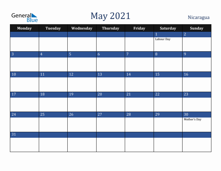 May 2021 Nicaragua Calendar (Monday Start)