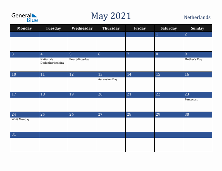 May 2021 The Netherlands Calendar (Monday Start)