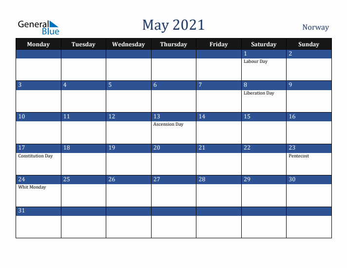 May 2021 Norway Calendar (Monday Start)