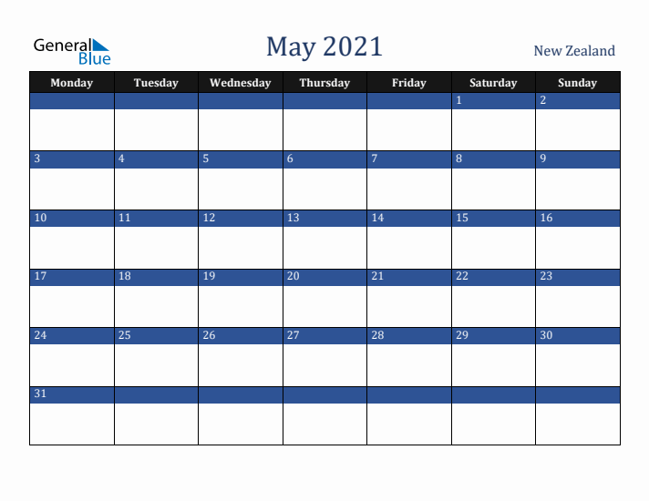 May 2021 New Zealand Calendar (Monday Start)