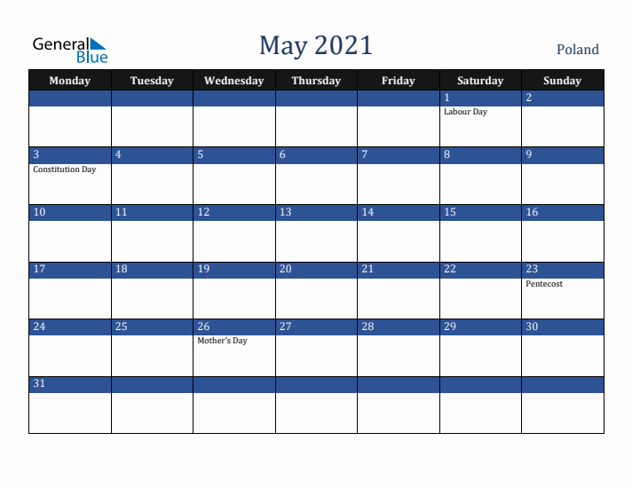 May 2021 Poland Calendar (Monday Start)