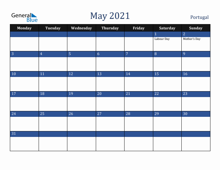 May 2021 Portugal Calendar (Monday Start)