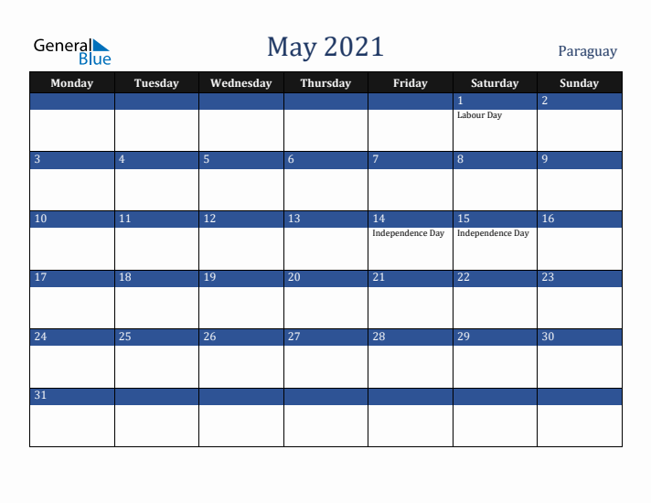 May 2021 Paraguay Calendar (Monday Start)